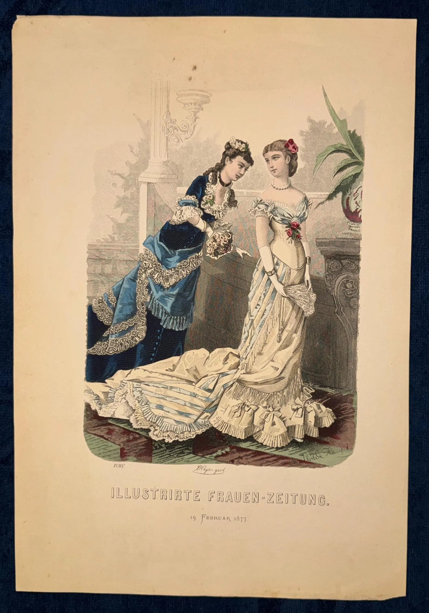 1877 Original Lithografie Ballkleider Frauen Mode