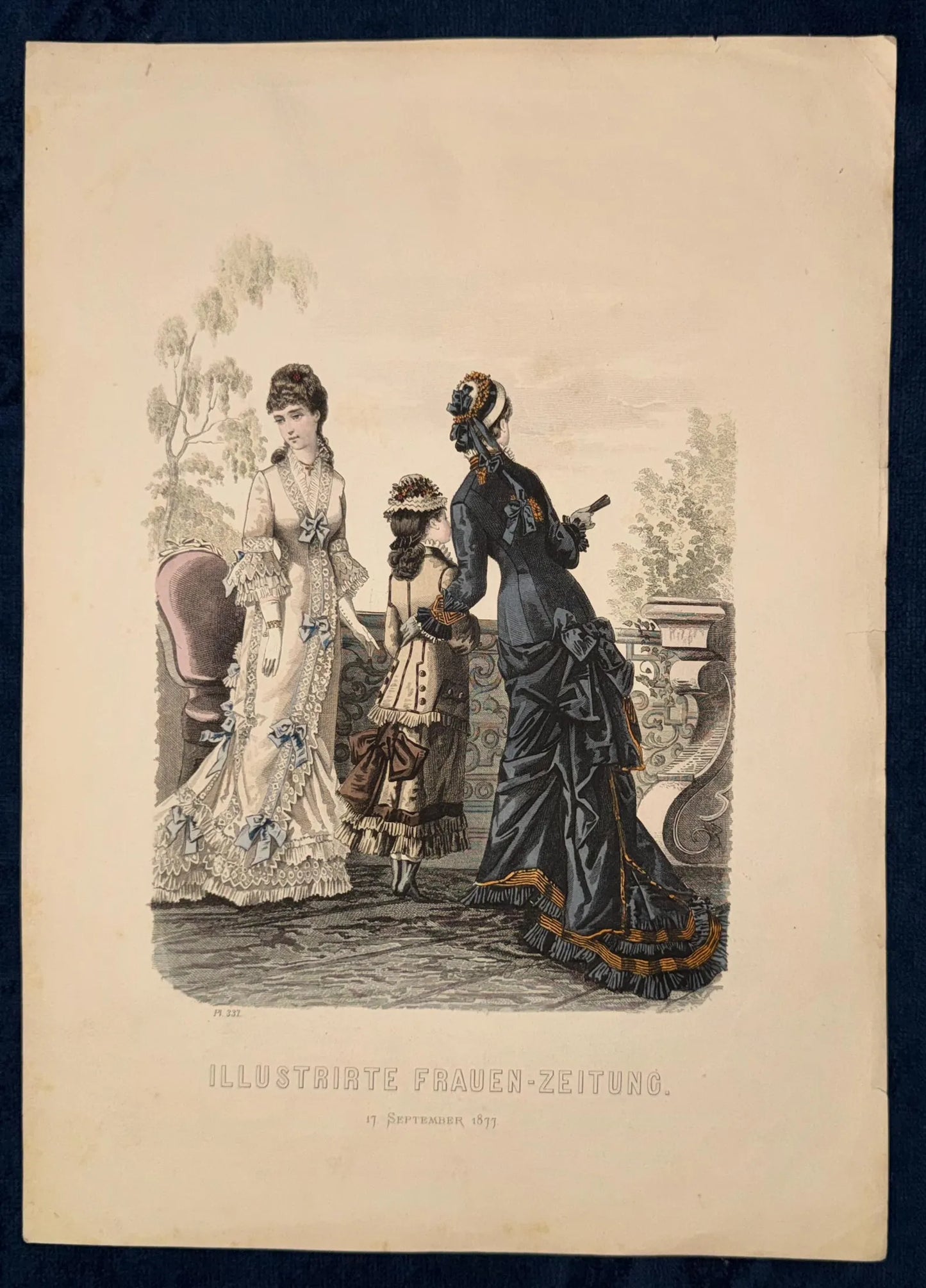 1877 Original Modegrafik | Antike Lithografie mit Damenmode & Kind