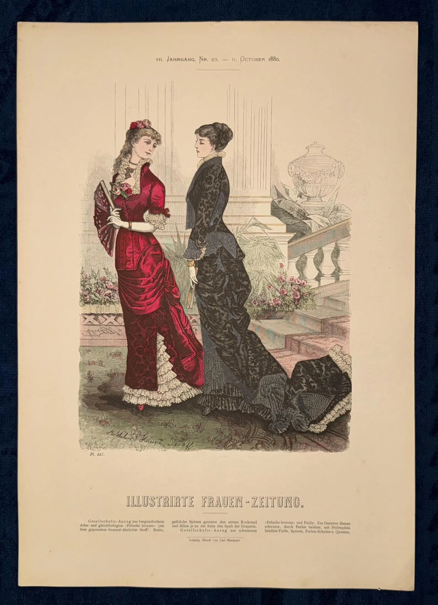 Original Modegrafik 1880 Gesellschaftstoilette Gründerzeit