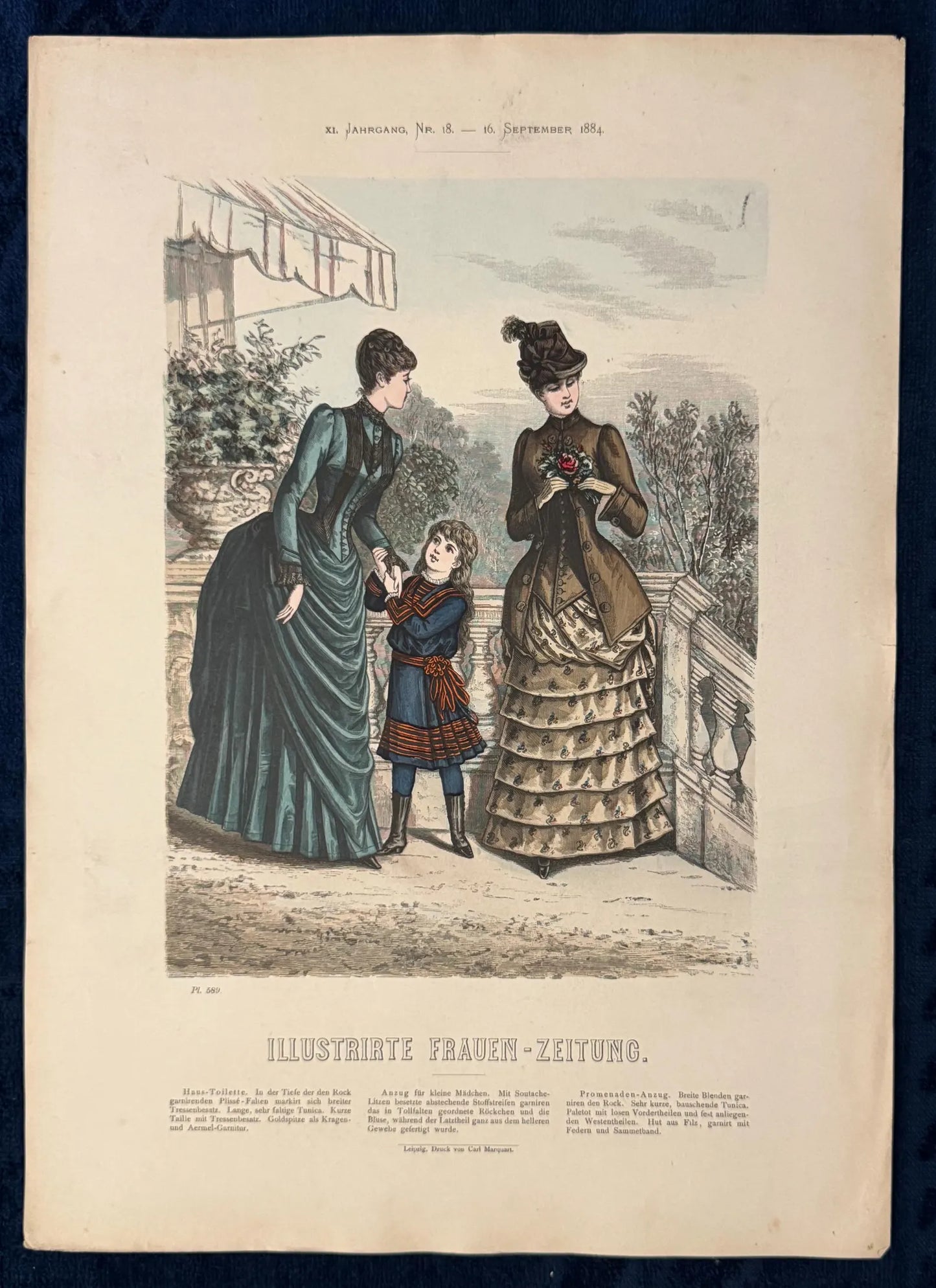 Mode-Tafel 1884 Original mit Mutter Kind Spazierkleid | Kindermode Illustration