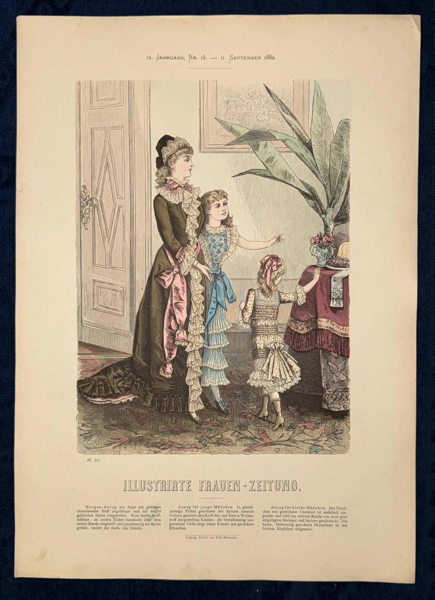 Mädchen Kindermode Original Modegrafik 1882 Frauen- & Kinderkleidung
