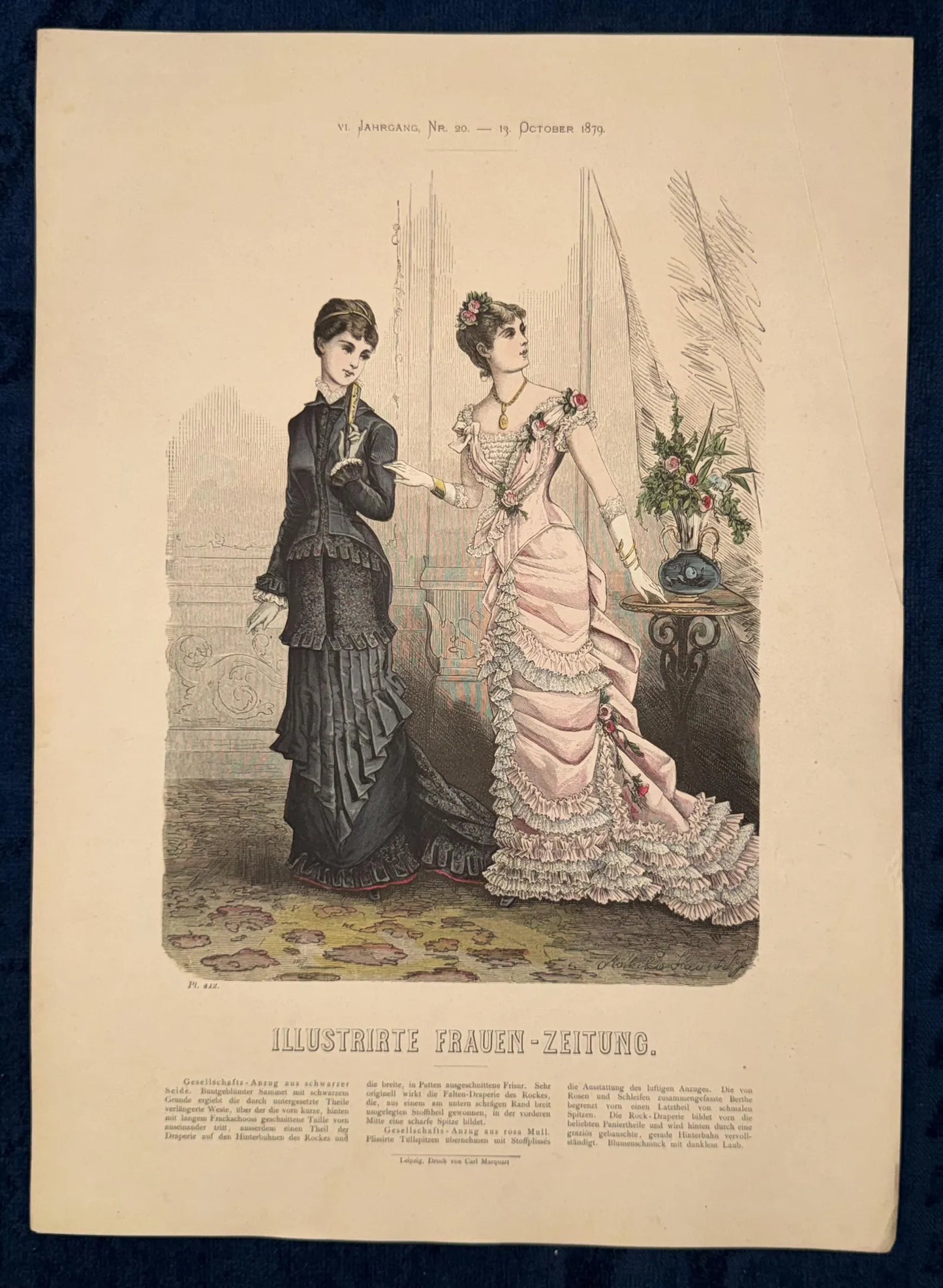 Mode-Tafel 1879 Rüschenkleid Frauenmode Kleider Modegrafik