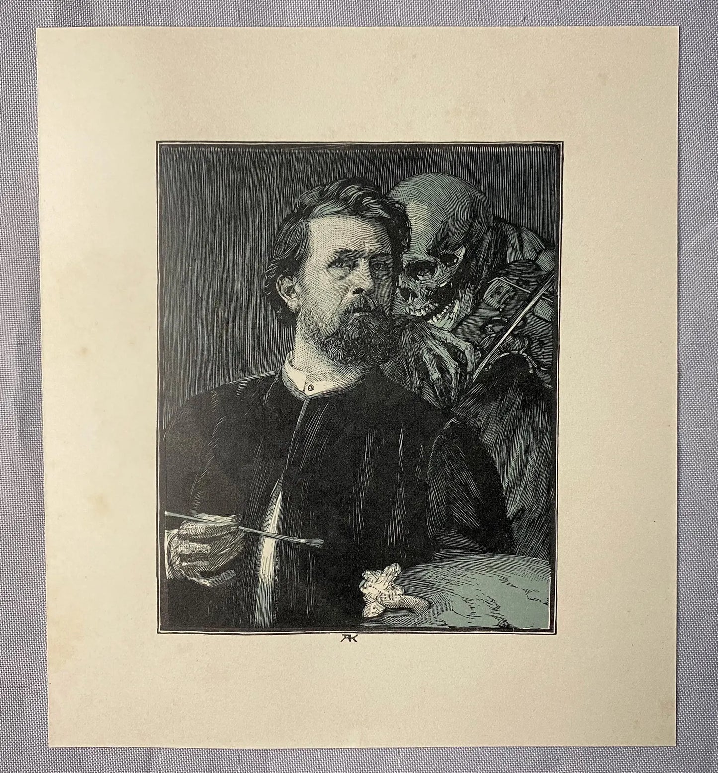 Grafik Künstlerporträt mit Tod 1890 | Symbolismus Skelett & Maler mit Palette Teufel Dämon