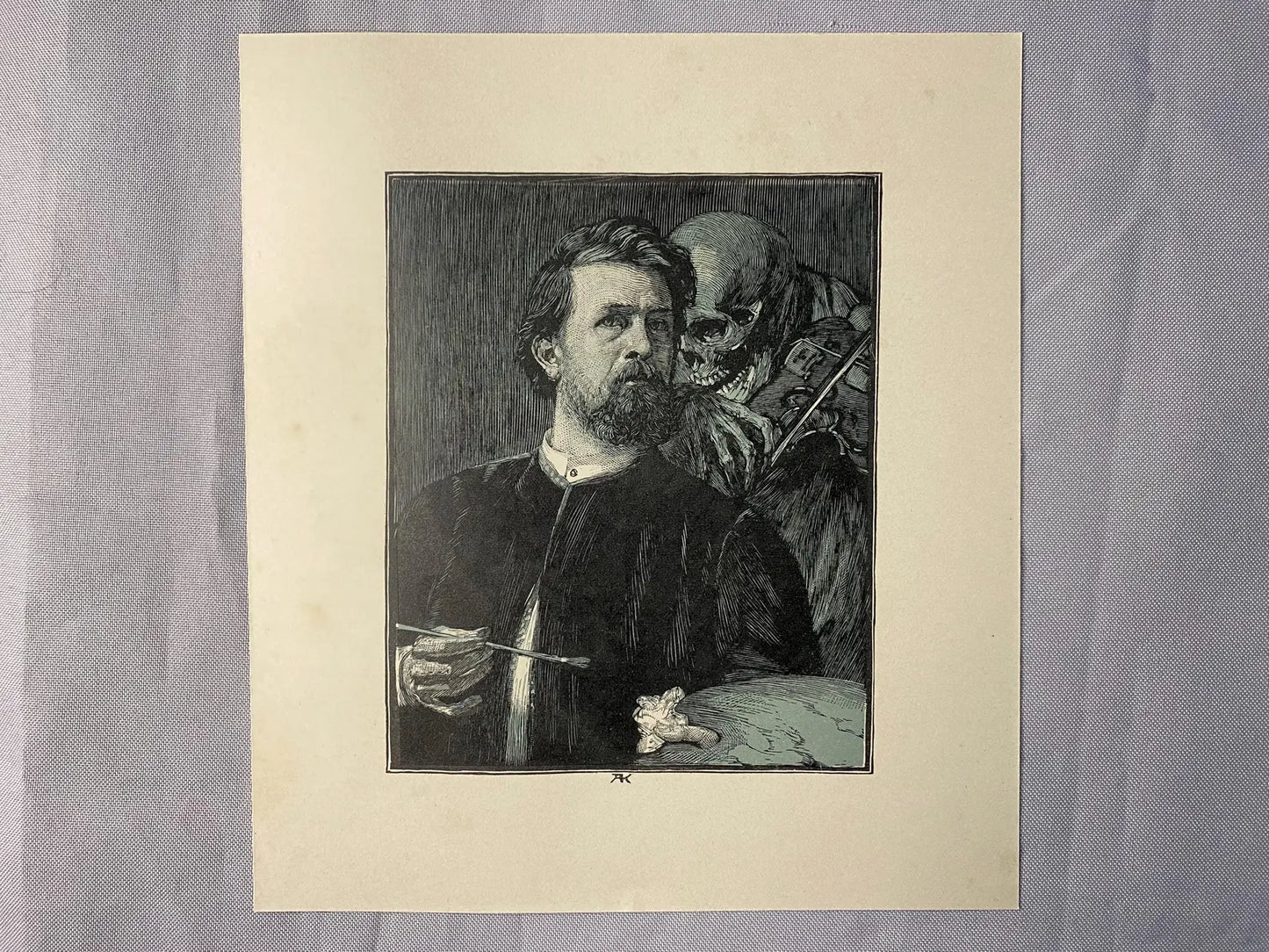 Grafik Künstlerporträt mit Tod 1890 | Symbolismus Skelett & Maler mit Palette Teufel Dämon