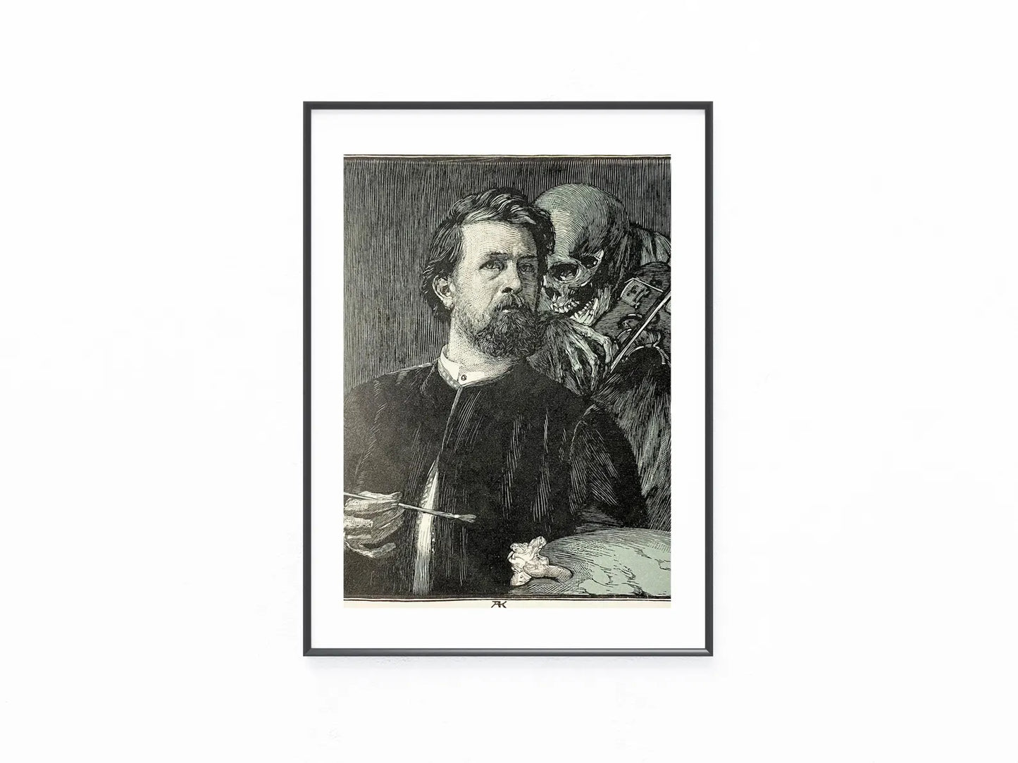 Grafik Künstlerporträt mit Tod 1890 | Symbolismus Skelett & Maler mit Palette Teufel Dämon