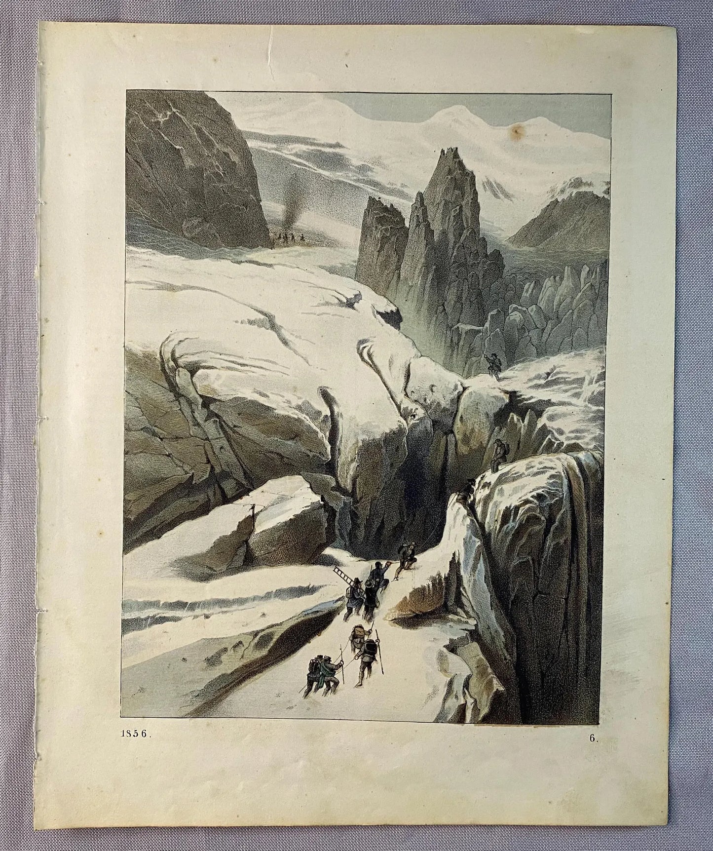 1856 Alpen Gletscherlandschaft Farblithografie | Historische Bergsteiger-Szene | Expedition