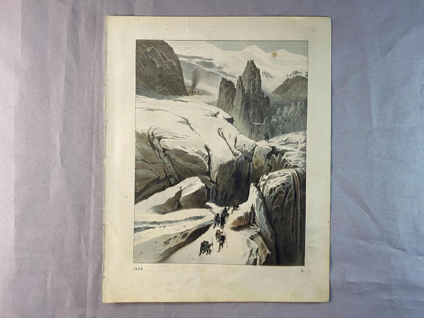 1856 Alpen Gletscherlandschaft Farblithografie | Historische Bergsteiger-Szene | Expedition