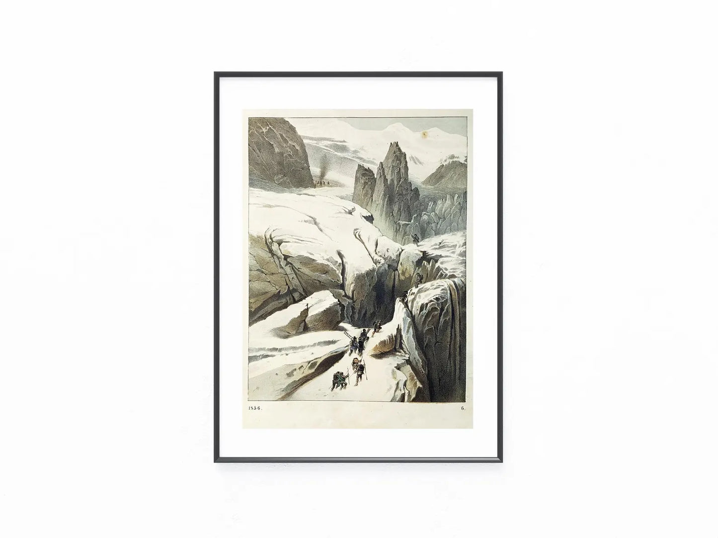 1856 Alpen Gletscherlandschaft Farblithografie | Historische Bergsteiger-Szene | Expedition