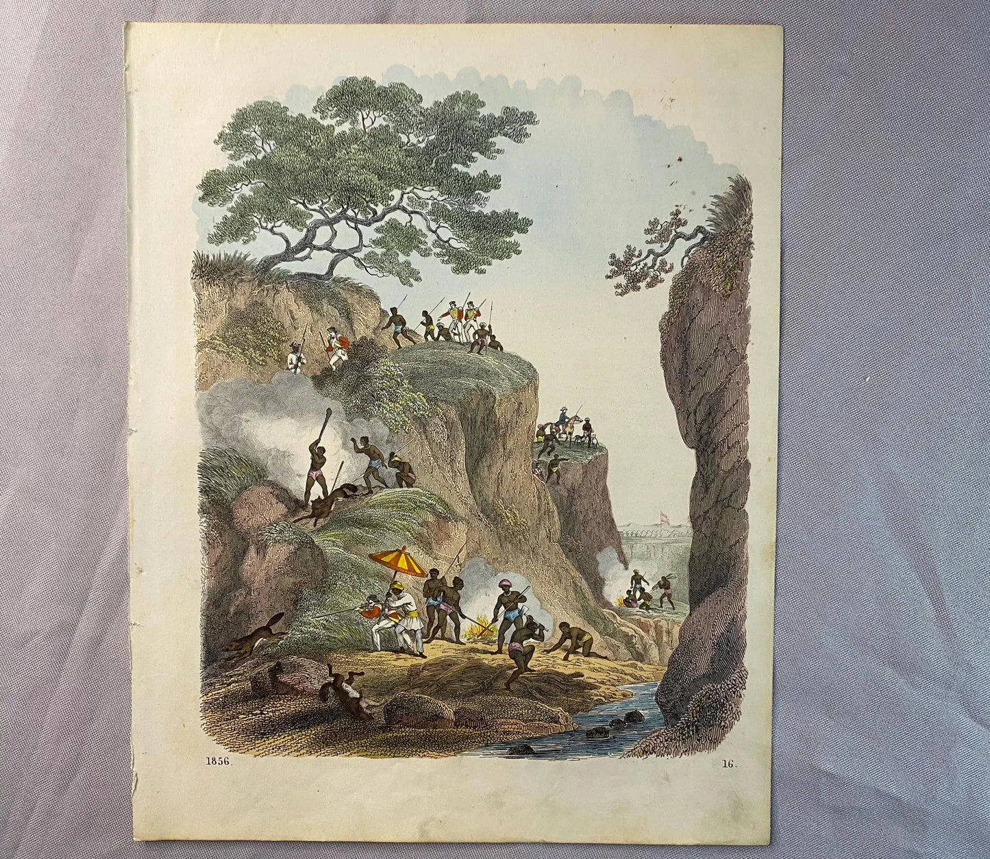 1856 Jagd mit Eingeborenen Original Farblithografie | Wölfe Füchse Fuchsjagd Wolf
