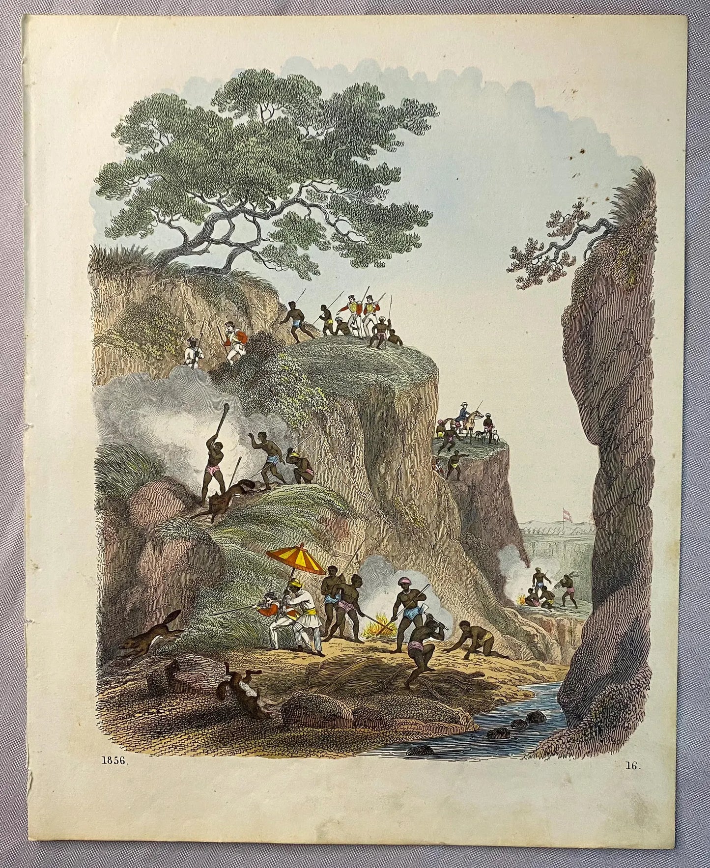 1856 Jagd mit Eingeborenen Original Farblithografie | Wölfe Füchse Fuchsjagd Wolf