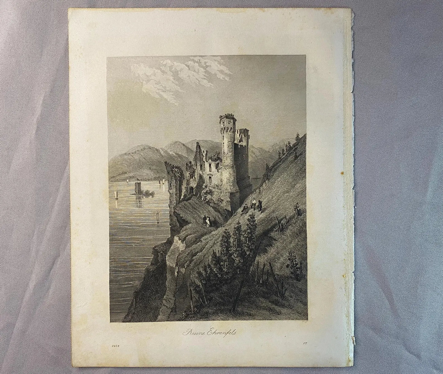 1856 Burgruine Ehrenfels am Rhein Original Stahlstich | Mittelalter Grafik Burgen Ruinen