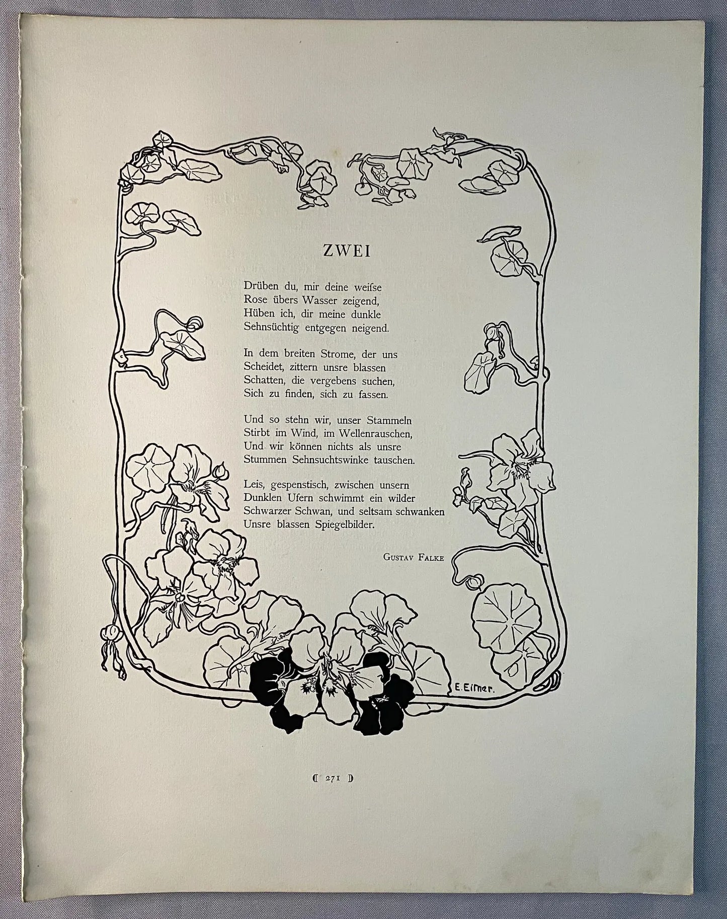 Original Jugendstil Druck Gustav Falke ZWEI 1900 | Historische Grafik mit floralem Rahmen