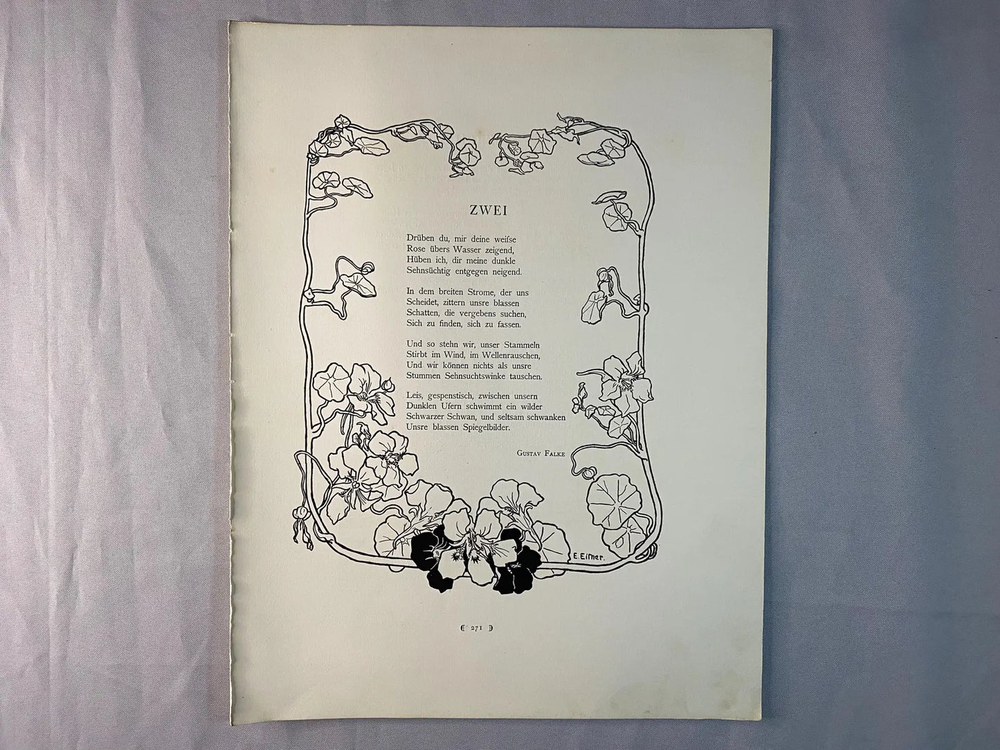 Original Jugendstil Druck Gustav Falke ZWEI 1900 | Historische Grafik mit floralem Rahmen