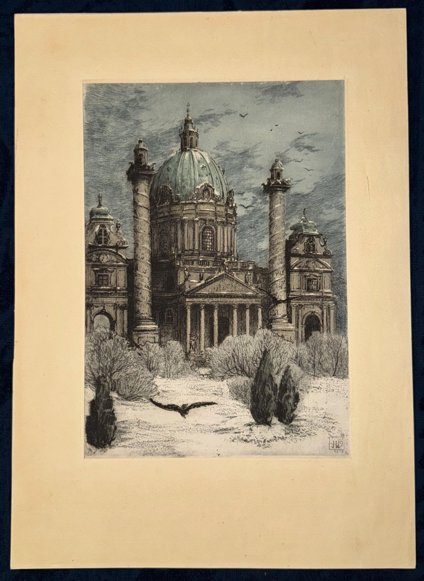 Original Karlskirche Wien Tafel 1919 Architektur Radierung | Winterliche Stadtansicht