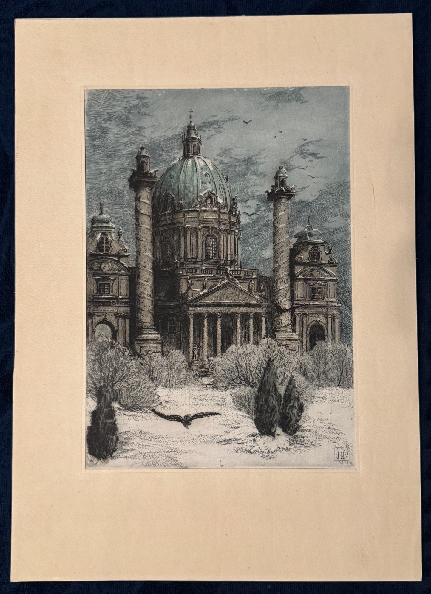 Original Karlskirche Wien Tafel 1919 Architektur Radierung | Winterliche Stadtansicht