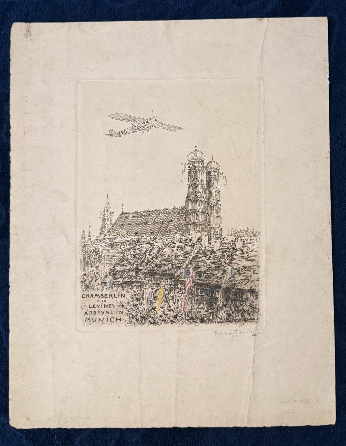 Original Chamberlin & Levine Ankunft München Tafel 1927 Lithografie