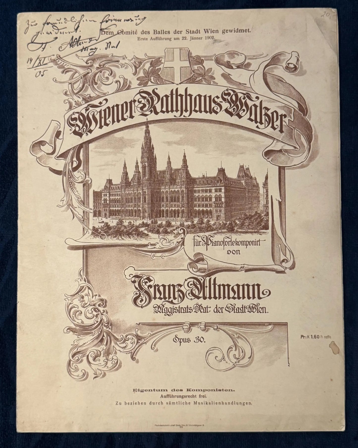 Original Wiener Rathaus-Walzer 1902 Notenheft mit Signatur