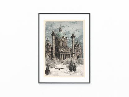 Original Karlskirche Wien Tafel 1919 Architektur Radierung | Winterliche Stadtansicht