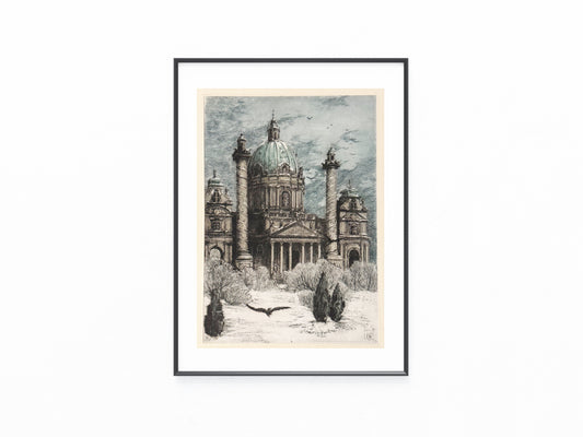 Original Karlskirche Wien Tafel 1919 Architektur Radierung | Winterliche Stadtansicht