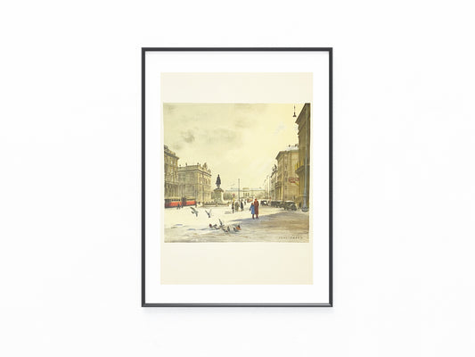 Wien Ringstraße im Winter | Farblithografie 1930 | Vintage Stadtansicht Wien Original koloriert Hans Frank