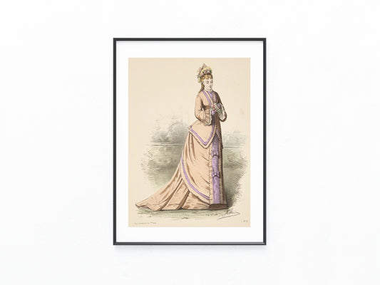 Damenmode Paris 1870 Apricotfarbenes Kleid Schleifen & Schleppe