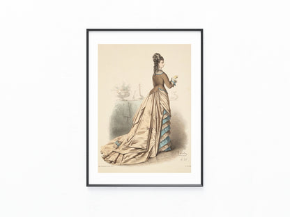 Altcolorierter Stich | Braunes Kleid mit blauer Schleife & Rückenschleppe 1870