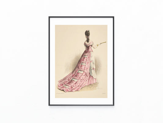 Altcolorierter Stich | Rückansicht rosa Kleid mit Schleppenrüschen 1875