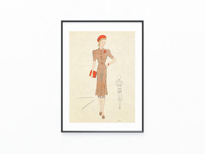 Original Modezeichnung Paris um 1940 „Robe en tussor“