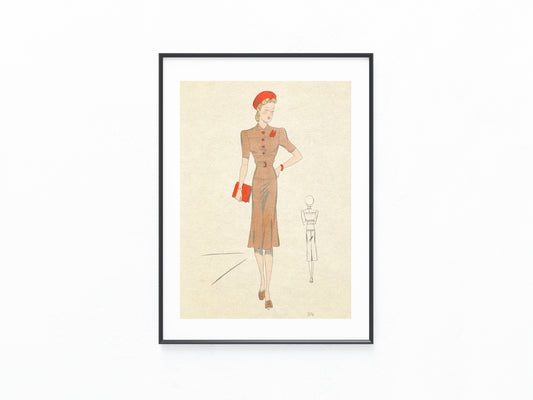 Original Modezeichnung Paris um 1940 „Robe en tussor“