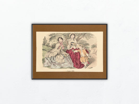 Original Mode Lithografie 1852 Damen & Kind | Familienszene mit Passepartout