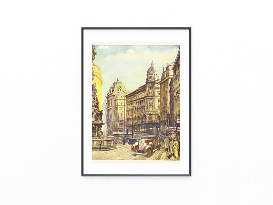 Wien Graben mit Oldtimer & Pestsäule 1930 Original Farblithografie | Maximilian Neuböck Stadtansicht