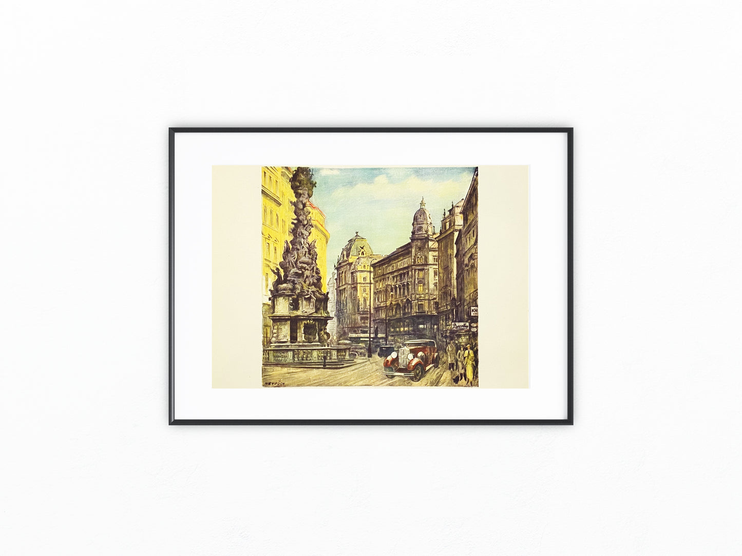 Wien Graben mit Oldtimer & Pestsäule 1930 Original Farblithografie | Maximilian Neuböck Stadtansicht