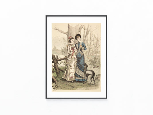 Lithografie 1879 Original Damenmode mit Hund