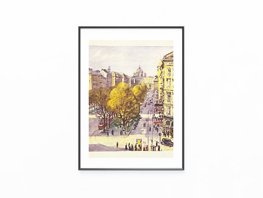 Wien Ringstraße 1930 Original Farblithografie | Straßenbahn & Stadtansicht
