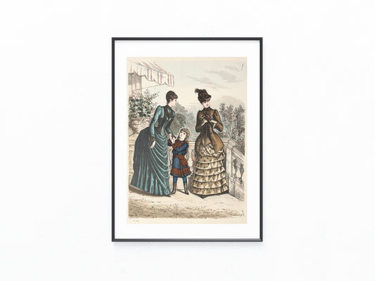 Mode-Tafel 1884 Original mit Mutter Kind Spazierkleid | Kindermode Illustration