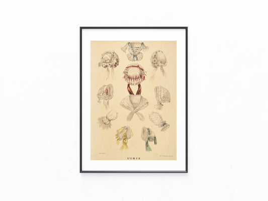 1850 Damenhauben & Kragen | Handkolorierter Druck Original L'IRIS Modegrafik