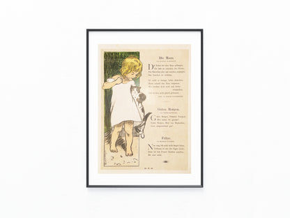 Original Kinder-Illustration mit Katze & Kind | Gedichtblatt um 1900