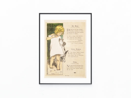 Original Kinder-Illustration mit Katze & Kind | Gedichtblatt um 1900