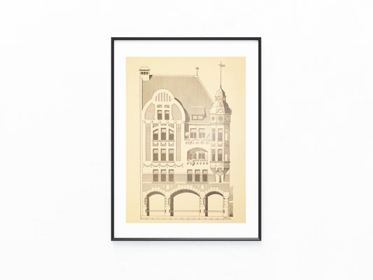 Großformat Architektur Tafel 1900 Jugendstil Eckhaus-Fassade | Original Baukunst Druck