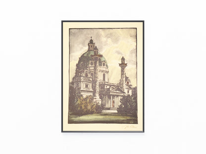 1940 Original Farblithografie Karlskirche in Wien | Handsigniert Architektur Otto Wagner