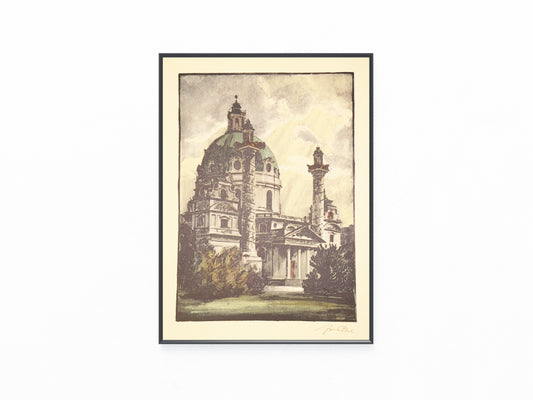 1940 Original Farblithografie Karlskirche in Wien | Handsigniert Architektur Otto Wagner