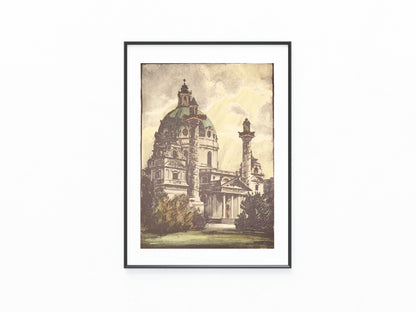 1940 Original Farblithografie Karlskirche in Wien | Handsigniert Architektur Otto Wagner