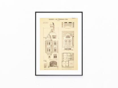 1900 Jugendstil Geschäfts- und Wohnhaus | Original Baukunst Druck