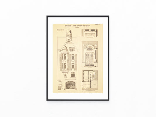 1900 Jugendstil Geschäfts- und Wohnhaus | Original Baukunst Druck