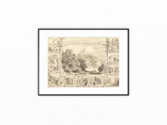 1870 Die Wartburg Original Holzstich | Druck im Passepartout | Schlossansicht