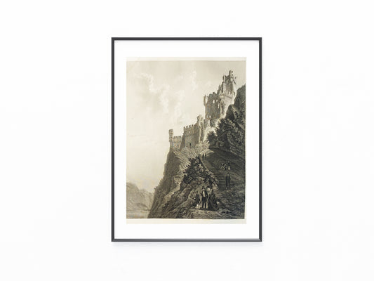 Burgruine Stahleck 1856 Original Stahlstich | Rheinlandschaft Burgen Ruinen Ritter