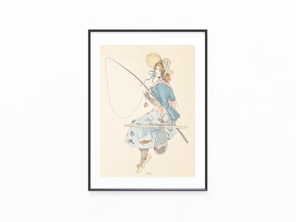 Original Modegrafik Dame beim Angeln 1890 | Vintage Kostüm Illustration Jugendstil