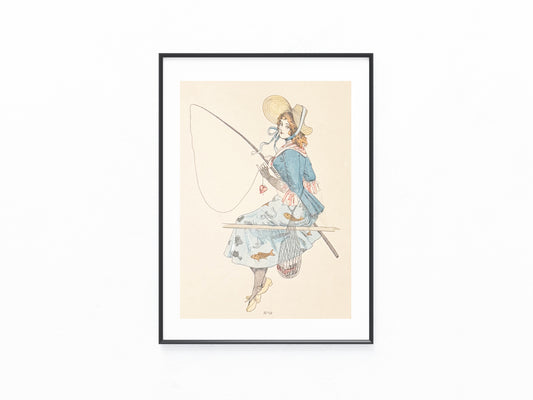Original Modegrafik Dame beim Angeln 1890 | Vintage Kostüm Illustration Jugendstil