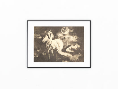 Original Pferde Lithografie Tierdarstellung Schwarze Kunst Mondnacht