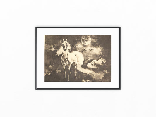 Original Pferde Lithografie Tierdarstellung Schwarze Kunst Mondnacht